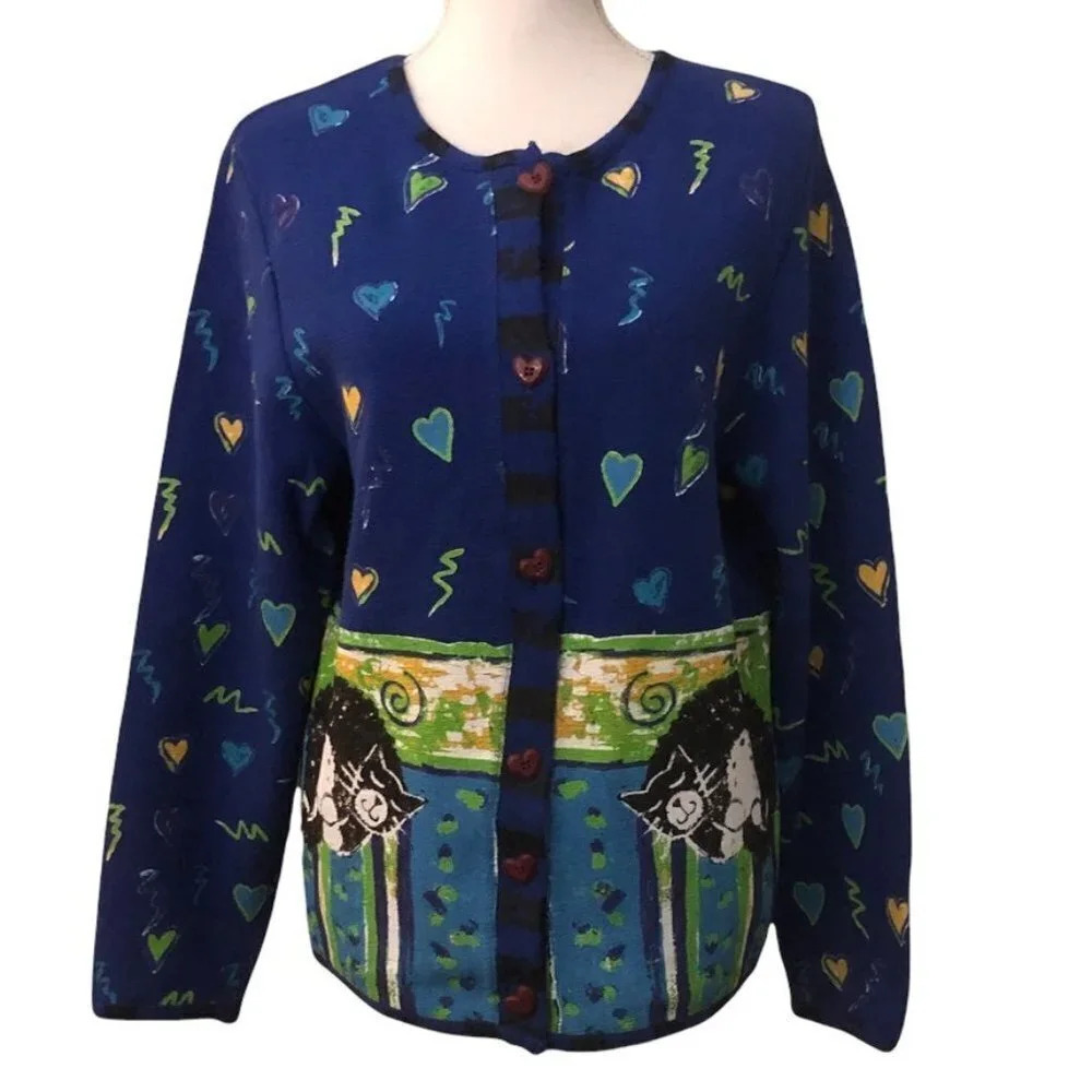 Vintage SPORT ELLE Sz M Cat Long Sleeve Heart Button Women's Painted Cardigan